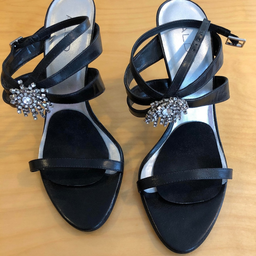Aldo Rhinestone Black Leather Strap Back Heels
